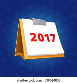 New Year Date Vector Illustration. Table Changeover Calendar Icon with 2017 text on dark blue background with snowflakes pattern.