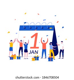 New year day international calendar concept with character. People giving present to each other and celebrating new year. Modern flat style for landing page, mobile app, infographics, hero images.