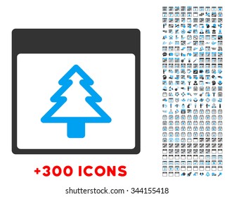 New Year Day vector pictogram with additional 300 date and time management icons. Style is bicolor flat symbols, blue and gray colors, rounded angles, white background.