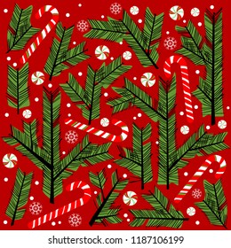 New Year decor. Botanical illustration. Coniferous trees.