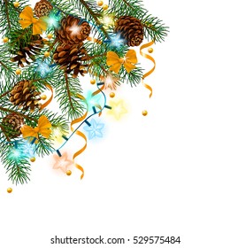 New Year decor. Glowing Lights for Holiday Greeting Cards Design. Garlands greeting card design Vector illustration. Pine tree branch. Winter holidays elements.Pine cone. Bow. Ribbon. Garland.