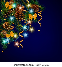 New Year decor. Glowing Lights for Holiday Greeting Cards Design. Garlands greeting card design Vector illustration. Pine tree branch. Winter holidays elements.Pine cone. Bow. Ribbon. Garland.