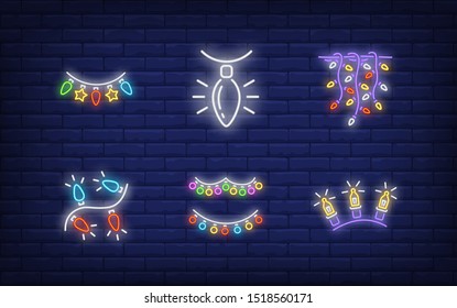 New Year decor neon sign set with fairy lights, garland, strands. Vector illustration in neon style, bright banner for topics like Xmas, Christmas, decoration