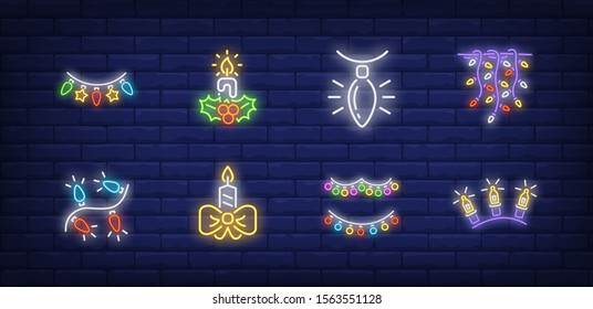New Year decor neon sign set with fairy lights, garland, strands. Vector illustration in neon style, bright banner for topics like Xmas, Christmas, decoration