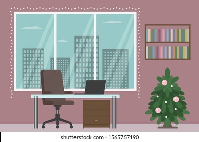 New Year decorated office. Vector illustration.