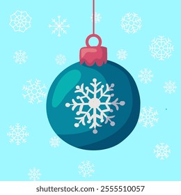 New Year decoration, bauble hanging on a tree. Snowflakes in the background. Vector illustration.