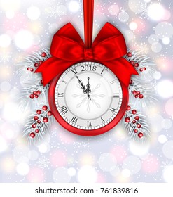 New Year Decoration with Clock on Light Background - Illustration Vector