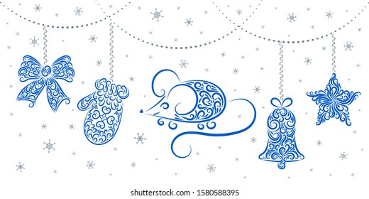 New Year decoration from the elements of the ornament: mouse, bow, mitten, bell, star, snowflake. Lace. Set of isolated object on a white background. Christmas. Stock vector illustration. Line drawing