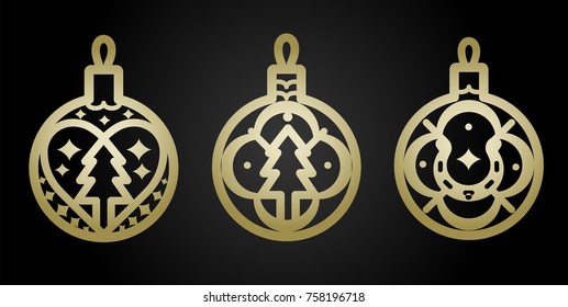 New Year decoration. Golden christmas decoration for a Christmas tree. Isolated silhouette of gold christmas tree, horseshoe on black background.