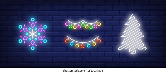New Year decoration neon sign collection. Snowflake, garland, Christmas tree. Night bright advertisement. Vector illustration in neon style for banner, billboard