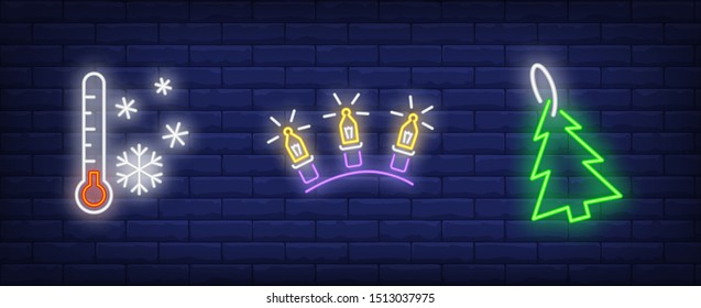 New Year decoration neon sign set. Thermometer, garland, Christmas tree. Night bright advertisement. Vector illustration in neon style for banner, billboard