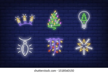 New Year decoration neon sign set. Fairy lights, garland, strands. Vector illustration in neon style, bright banner for topics like Xmas, Christmas, decoration