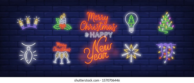 New Year decoration neon sign set. Fairy lights, garland, strands. Vector illustration in neon style, bright banner for topics like Xmas, Christmas, decoration