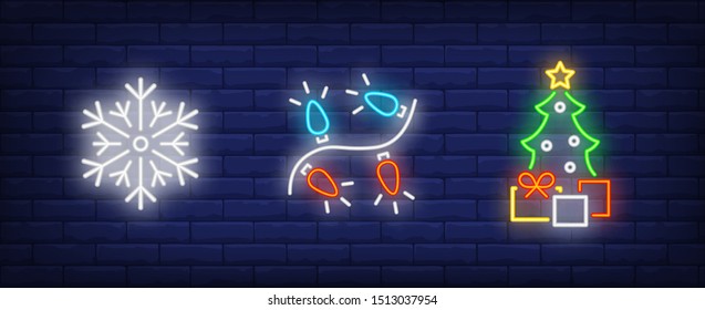 New Year decoration in neon style set. Snowflake, garland, Christmas tree. Night bright advertisement. Vector illustration in neon style for banner, billboard