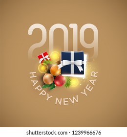 Objetos decorativos de año nuevo. Media caja de regalo abierta con luces mágicas sobre fondo dorado. Festividad y diseño de afiches y saludos de Año Nuevo.  
