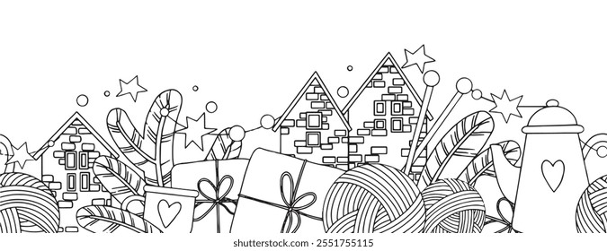 New Year decoration, seamless vector border, frame. Houses, gifts, teapot and balls of yarn. Festive composition for the new year. Coloring book