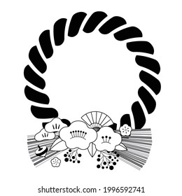 New Year decoration that is auspicious in Japan. Line art vector illustration. You can move on a white background. Plums, pine trees, pieces, folding fans.