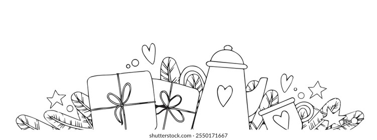 Decoración del año Nuevo, borde del Vector, marco. Ramas de árbol de Navidad, regalos y tetera roja. Composición festiva para el Año Nuevo. Libro para colorear