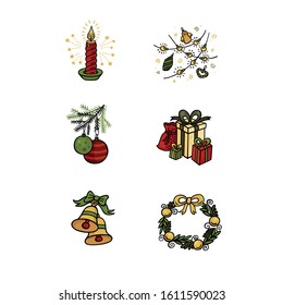 New year decoration. Vector set of winter holiday symbols: christmas tree decorations, wreath with balls, bells and sparkling candle.