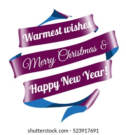 New Year decorations ball in ribbon with text Merry Christmas and happy New Year!