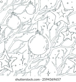 New Year decorations balls and stars hanging on dry tree branches with sparkling stars. Christmas, New Year, winter Line art hand-drawn illustration in black and white ink. Seamless pattern vector EPS