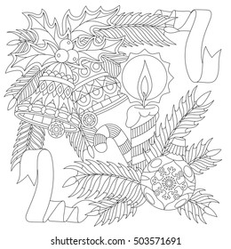 New Year decorations. Christmas ball, jingle bells, candle, candy stick, ribbons, holly berry leaves, fir branch. Freehand sketch for adult anti stress coloring book page with zentangle elements.