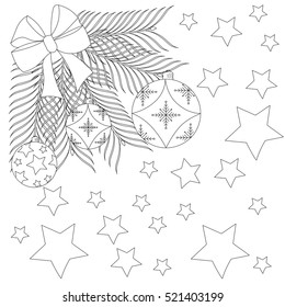 New Year decorations. Christmas ball,stars, fir branch. Freehand sketch for adult anti stress coloring book page with zentangle elements.