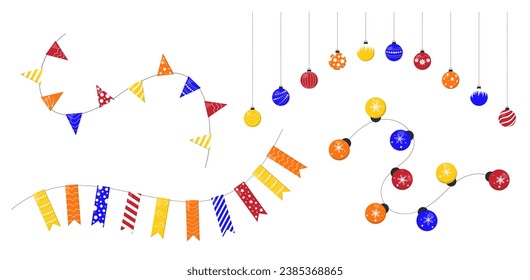 New Year decorations. Christmas garlands on white background. Streamers, buntings, light bulbs for the design of cards, posters, websites, invitations, prints, scrapbooking, stickers.