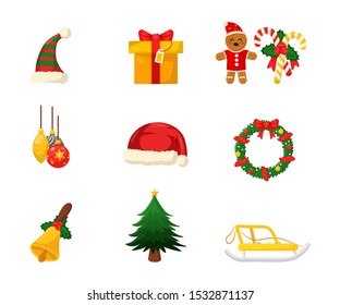 New Year decorations flat vector illustrations set. Gift box, santas hat, christmas tree, wreath, sled stickers pack. Xmas celebration items, winter holiday isolated cliparts collection