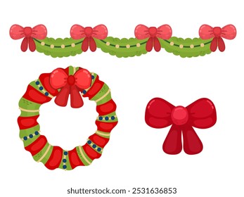 New Year decorations for home and interior for Christmas. Decoration color illustration. Bow, Christmas wreath and garland with bows and branches of pine foliage