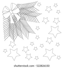 New Year decorations. Stars, fir branch. Freehand sketch for adult anti stress coloring book page