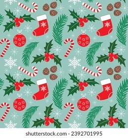 New year decorative background with fir branches, Christmas stocking, ball, holly berries and snowflakes, seamless vector pattern.