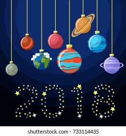 New Year decorative greeting card with Solar system planets as Christmas balls and the word 2018 made of stars. Happy New year to the Universe concept. Vector illustration in flat style.