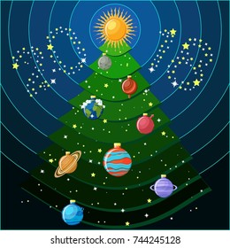 New Year decorative greeting card with Christmas tree and solar system planets as Christmas balls and the text 2018 made of stars. Happy New year to the Universe concept. Vector illustration.