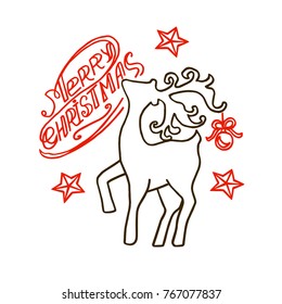 New Year deer. Hand-drawn cute Christmas sketch doodle monochrome illustration. Cartoon wallpaper. A hand drawn picture. Doodle Sketch. Picture for coloring.