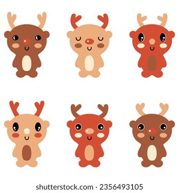 New year deer kawaii cartoon style clipart collection. Perfect for tee, poster, card, sticker. Vector illustration.
