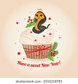New year delicious cupcake with whipped cream and symbol of 2025 year snake. Greeting card. Vector cartoon illustration of sweet food.