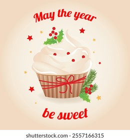 New year delicious cupcake with whipped cream. Vector cartoon illustration of sweet food.