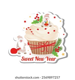 New year delicious cupcake with whipped cream and cute gnomes. Vector greeting sticker in cartoon style.