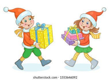 New Year delivery. Cute girl and funny boy in Santa costumes go towards each other with gift boxes in their hands. In cartoon style. Isolated on white background. Vector illustration.