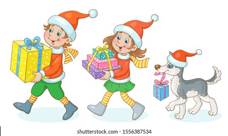 New Year delivery. Funny boy, little girl and cute puppy in Santa costumes go one after another and carry gift boxes. In cartoon style. Isolated on white background. Vector illustration.