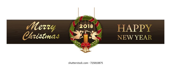 New Year design 2018. Merry Christmas and Happy New Year. Celebratory banner with a Christmas wreath, angels, a burning candle and a congratulatory inscription. Vector illustration