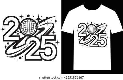 New Year Design, 2025, Disco Ball, Retro Futuristic, Black and White, Vector Illustration.