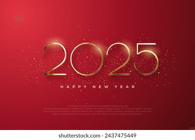 Diseño de año nuevo 2025. Con números dorados finos brillantes, fondo rojo con brillo. Diseño vectorial premium para el saludo y la celebración de feliz año nuevo 2025.