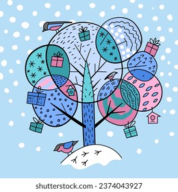 New year design with a beautiful magical winter tree. Festive poster, postcard, calendar cover idea in a pop art hand drawn style. Editable vector illustration isolated on a light blue background.