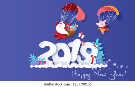 New Year design card. Santa Claus and funny pig Flying with Parachute over big letters 2019 on blue background. Vector paper art illustration for promotion banners, headers, posters, stickers