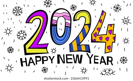 New year design with custom typography. Geometric lettering. Festive poster, postcard, calendar cover idea in bright colourful style. Editable vector illustration isolated on a white background.