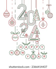 New year design with custom typography. Geometric lettering. Festive poster, postcard, calendar cover idea in thin line style. Editable vector illustration isolated on a white background.