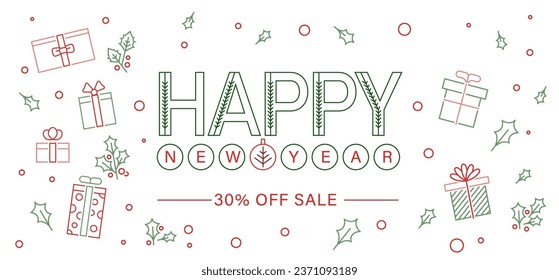 New year design with custom typography. Geometric lettering. Festive sale poster, banner, print idea in simple outline style. Editable vector illustration isolated on a white background.