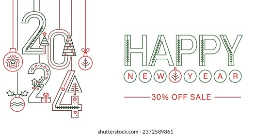 New year design with custom typography. Geometric lettering. Festive poster, postcard, calendar cover idea in thin line style. Editable vector illustration isolated on a white background.